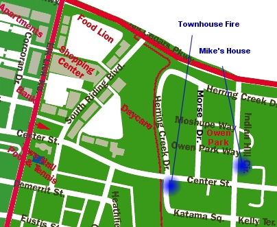Map showing location of fire and location of Mike's home